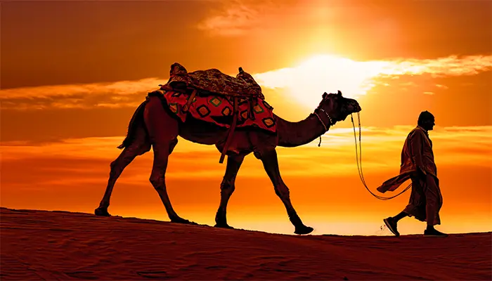a person walking a camel with a saddle