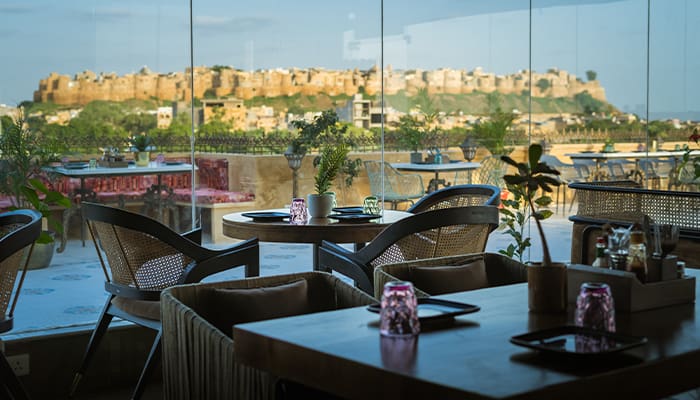 a table and chairs in a restaurant