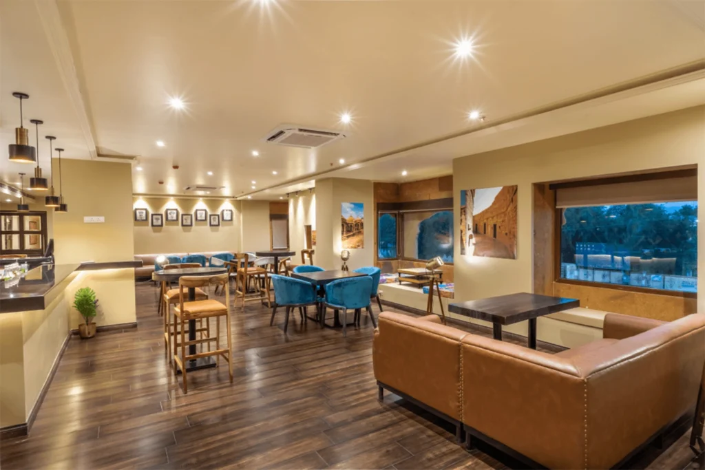 a room with tables and chairs