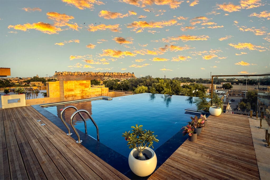 a pool with plants on it
